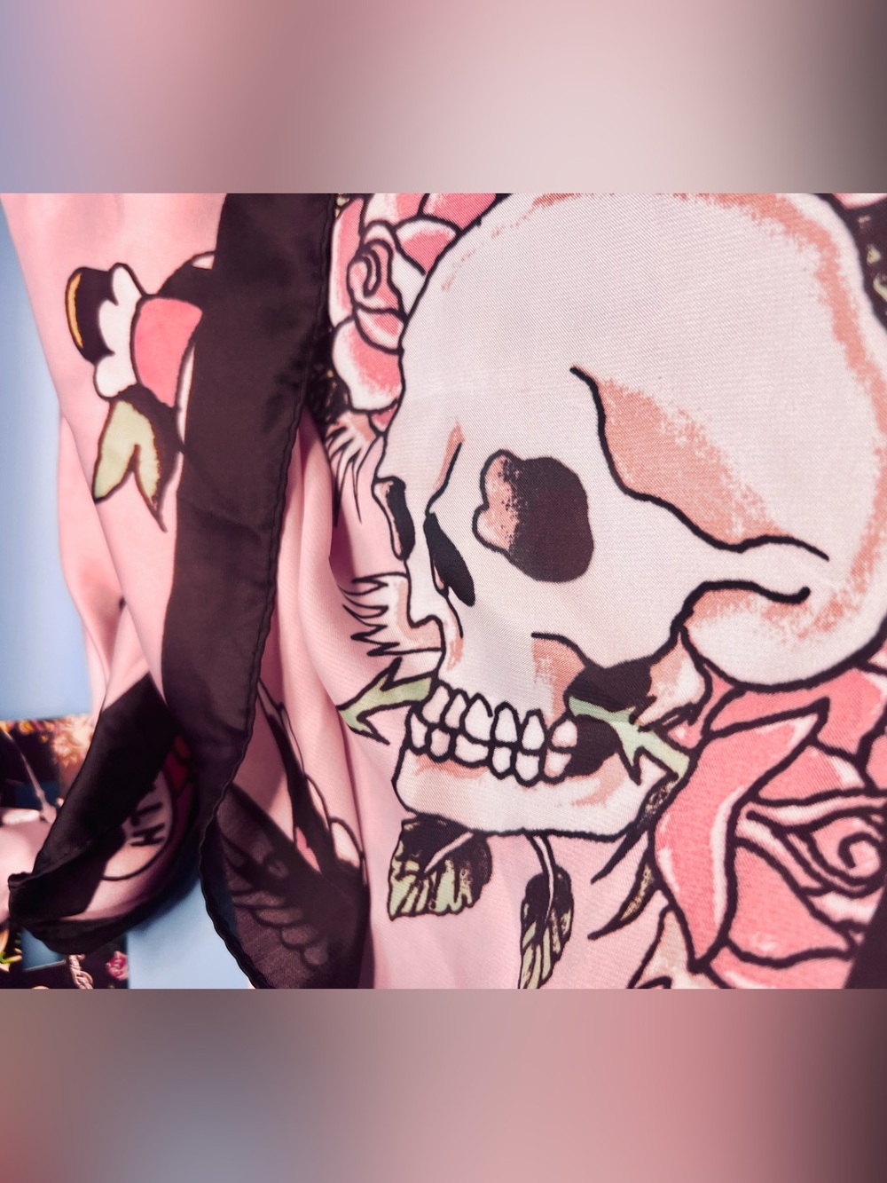 Ed Hardy Vintage Y2K Pink Silk-Feel Tattoo Print Skull & Roses Square Scarf NWT